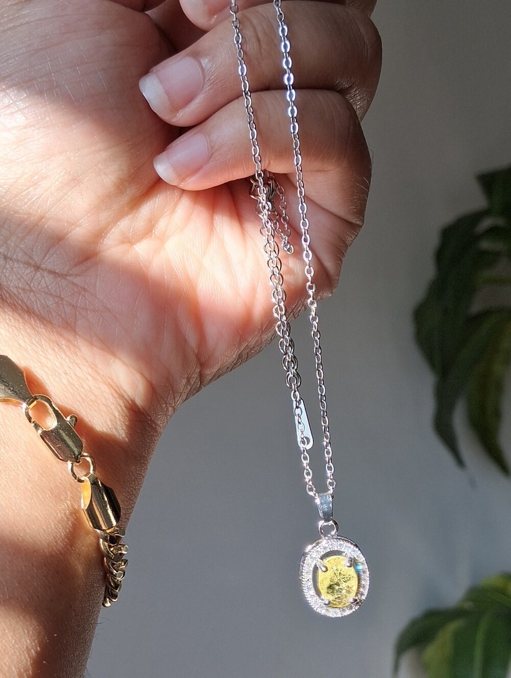 Stainless Steel Silver Pendant Necklace with Yellow Stone Accent